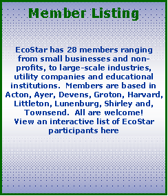 Text Box: Member ListingEcoStar has 28 members ranging from small businesses and non-profits, to large-scale industries, utility companies and educational institutions.  Members are based in Acton, Ayer, Devens, Groton, Harvard, Littleton, Lunenburg, Shirley and, Townsend.  All are welcome!  View an interactive list of EcoStar participants here 